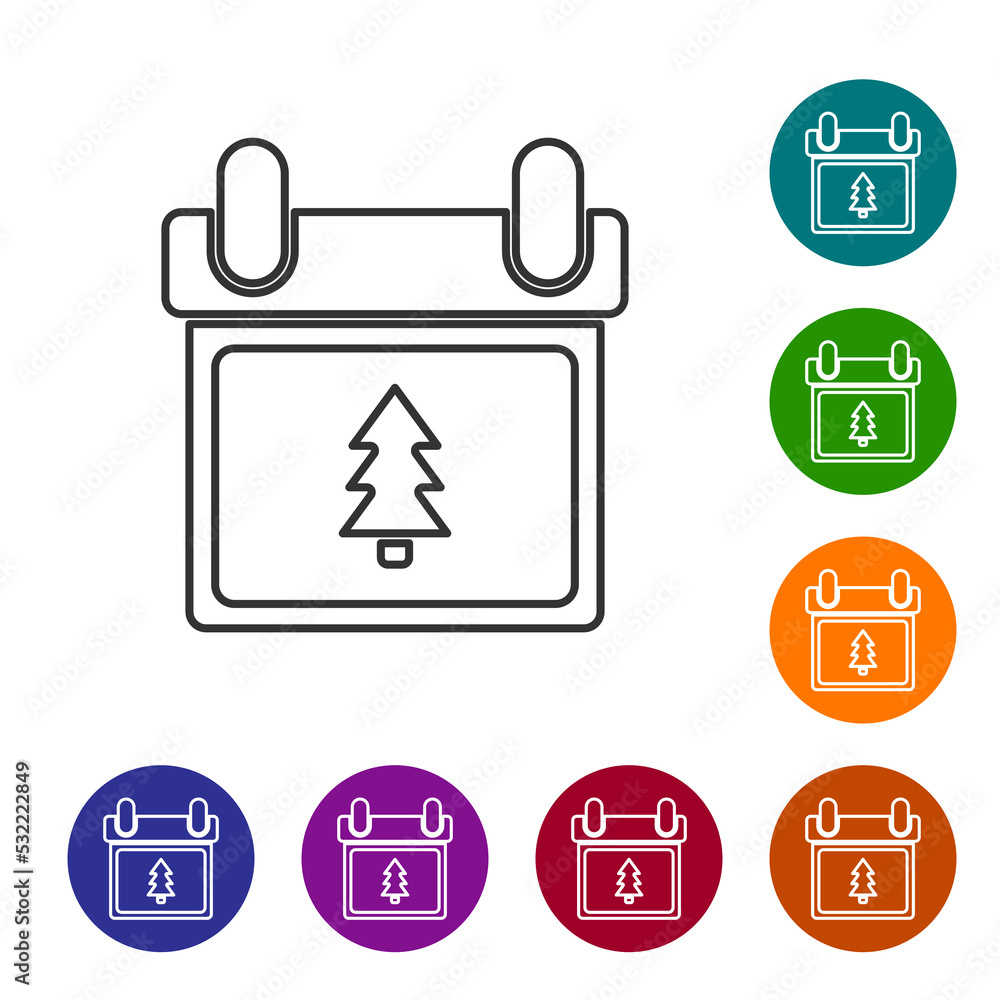 Poster black line calendar with tree icon isolated on white background. event reminder symbol. merry christ
