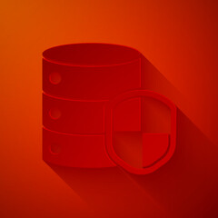 Paper cut Server with shield icon isolated on red background. Protection against attacks. Network firewall, router, switch, data. Paper art style. Vector Illustration