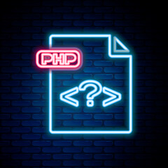 Obraz premium Glowing neon line PHP file document. Download php button icon isolated on brick wall background. PHP file symbol. Colorful outline concept. Vector