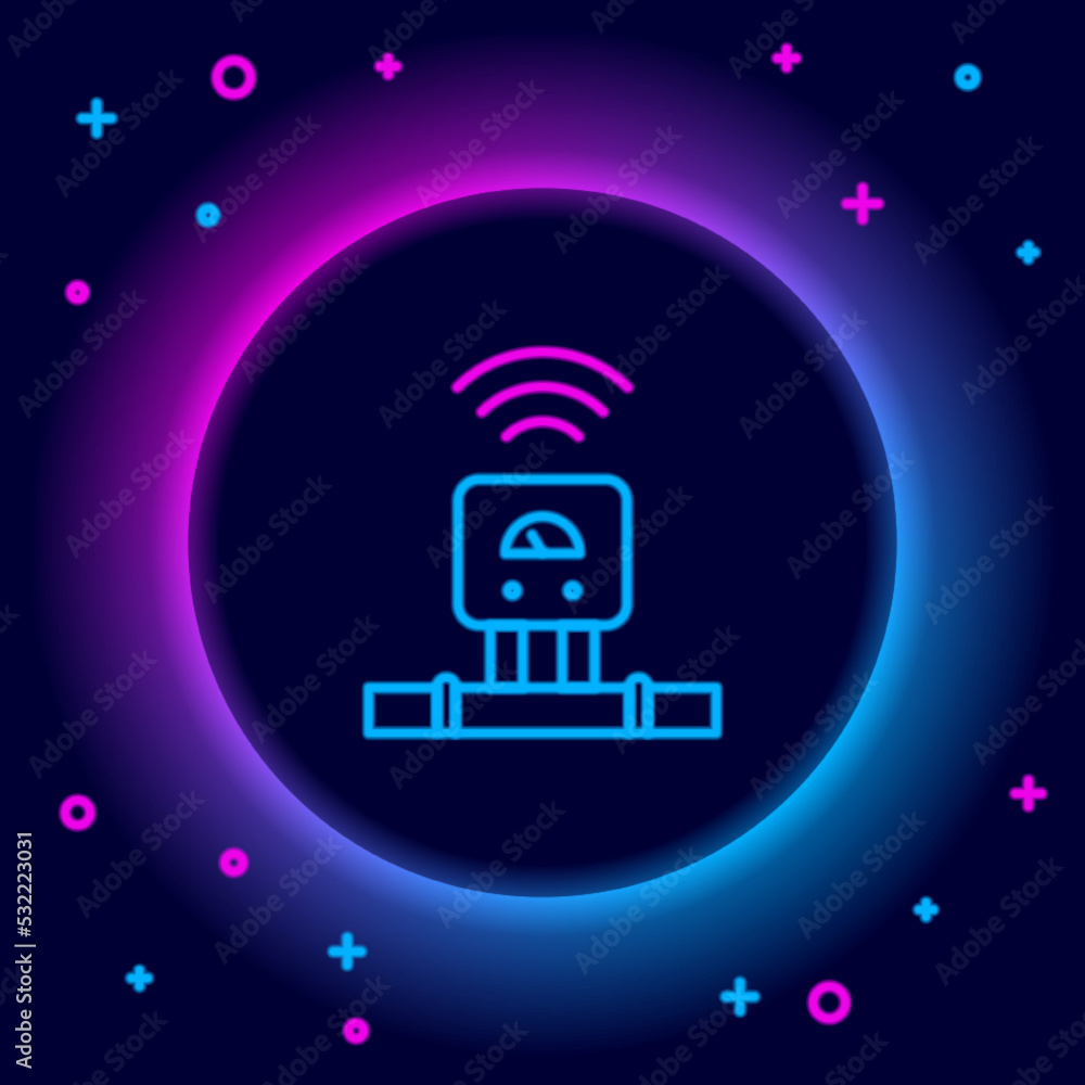 Poster glowing neon line smart sensor system icon isolated on black background. internet of things concept 