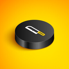 Isometric line Knife icon isolated on yellow background. Cutlery symbol. Black circle button. Vector