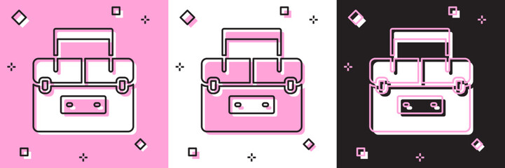 Set Case or box container for wobbler and gear fishing equipment icon isolated on pink and white, black background. Fishing tackle. Vector