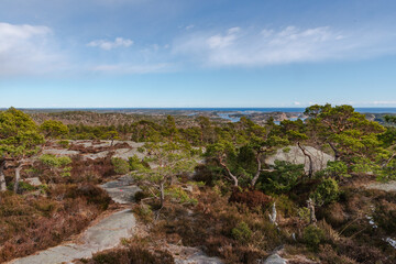 Fototapeta na wymiar view of the coast of the sea from a top called Badstufjell in Lillesand, Norway