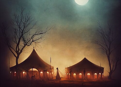 3D rendering of a circus tent in the carnival with joyful vibes during the night