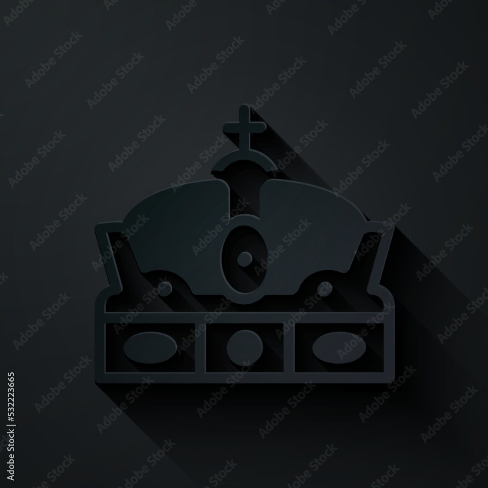 Sticker paper cut crown of spain icon isolated on black background. paper art style. vector