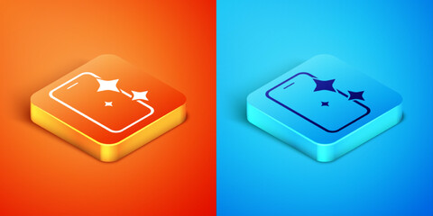 Isometric Glass screen protector for smartphone icon isolated on orange and blue background. Protective film for glass. Transparent soft glass for mobile phone. Vector