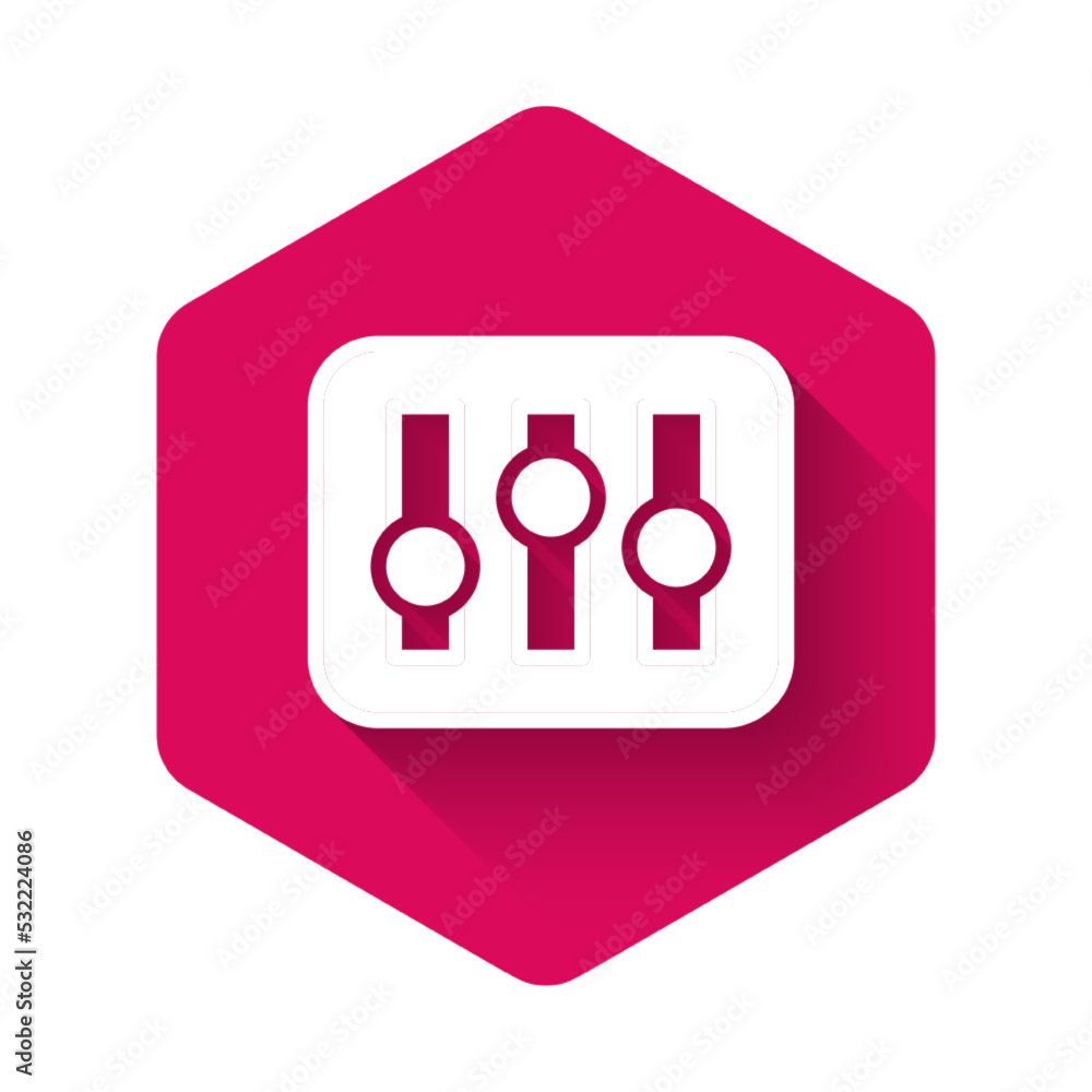 Poster white sound mixer controller icon isolated with long shadow background. dj equipment slider buttons.