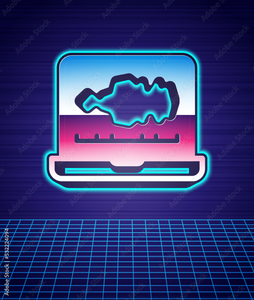 Poster retro style sound or audio recorder or editor software on laptop icon isolated futuristic landscape 