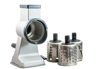 Isolated cylindric drum grater (rotary cheese grater) with a crank handle and accessories
