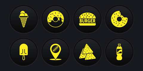 Set Ice cream, Donut, Location with hotdog, Nachos, Burger, Bottle of water and in waffle cone icon. Vector