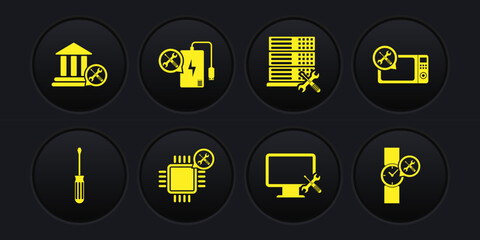 Set Screwdriver, Microwave oven service, Processor, Computer monitor, Database server, Power bank, Wrist watch and Bank building icon. Vector