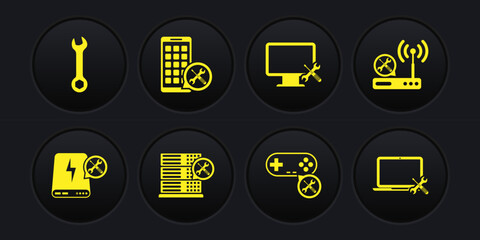 Set Power bank service, Router wi-fi, Database server, Gamepad, Computer monitor, Mobile Apps, Laptop and Wrench icon. Vector