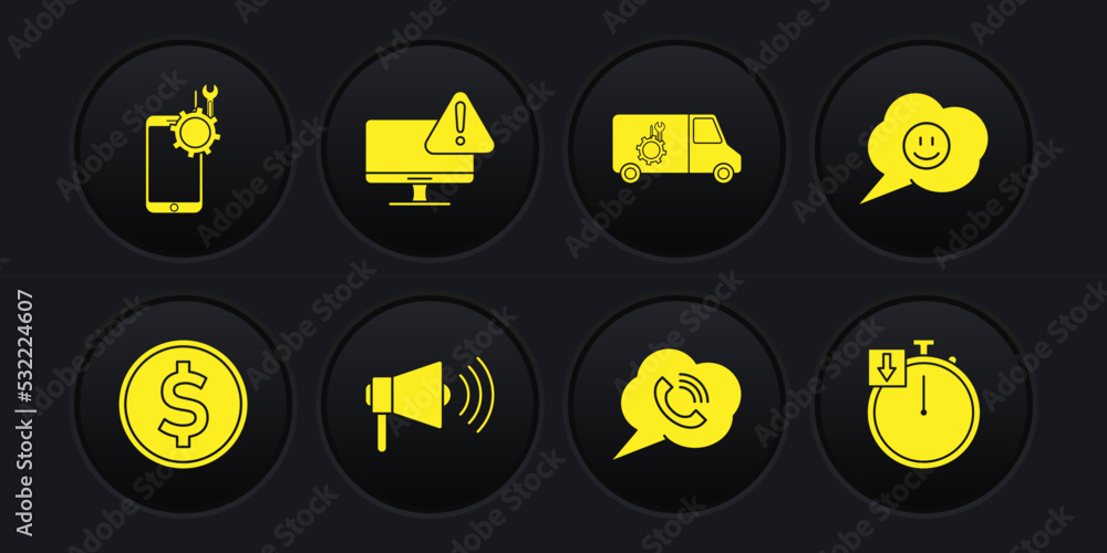 Sticker set coin money with dollar, speech bubble smile face, megaphone, call, car service, monitor exclamat