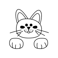 Cat cute1. The head of a cute cat with a whiskers and his paws. Cartoon vector black and white illustration.