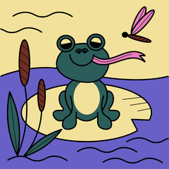 Frog. A cute frog catches a dragonfly with its tongue on a pitcher leaf in a swamp. Cartoon color illustration.