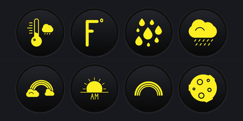 Set Rainbow with clouds, Cloud rain, Sunrise, Water drop, Fahrenheit, Moon and Meteorology thermometer icon. Vector