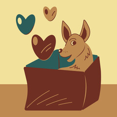 Dog in a box. Cute joyful dog peeks out of the box, hearts. Cartoon color vector illustration.