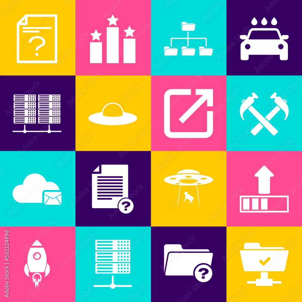 Poster set ftp operation successful, loading, two crossed hammers, folder tree, ufo flying spaceship and se