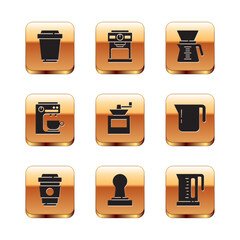 Set Coffee cup to go, tamper, Manual coffee grinder, machine, Pour over maker, Electric kettle and icon. Vector