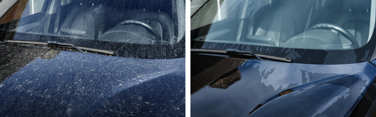 Modern black automobile before and after car washing outdoor. - obrazy, fototapety, plakaty