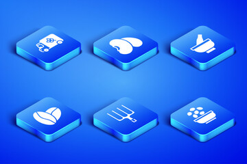 Set Seeds in bowl, Flour truck, Garden pitchfork, Coffee beans, Beans and Mortar and pestle icon. Vector