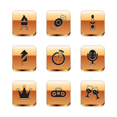 Set Barbecue grill, Crown, Home stereo with two speakers, Homemade pie, Firework rocket, Champagne bottle, Glass of champagne and Candy icon. Vector