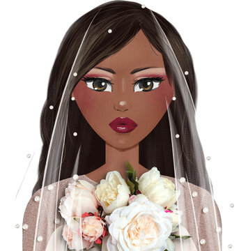 Illustration of ethnic bride character in white veil with bouquet. 