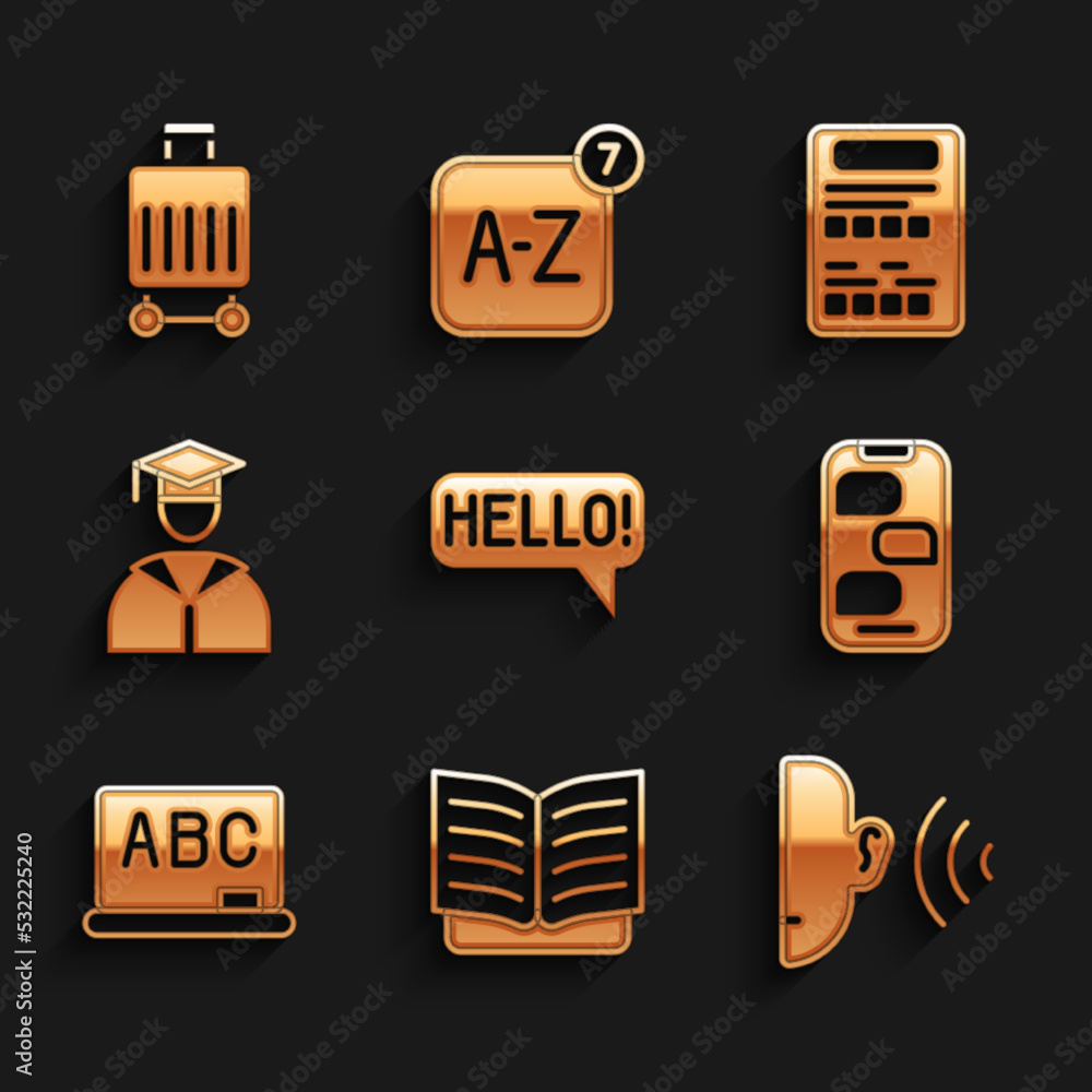 Poster set hello in different languages, open book, ear listen sound signal, new chat messages notification