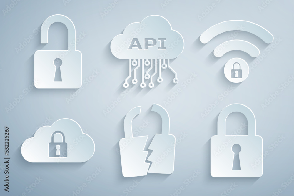 Poster set broken or cracked lock, wifi locked, cloud computing, lock, api interface and open padlock icon.