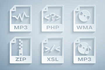 Set XSL file document, WMA, ZIP, MP3, PHP and icon. Vector