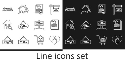 Set line House with heart shape, contract, Hanging sign For Rent, Search house, plan, and Rising cost of housing icon. Vector