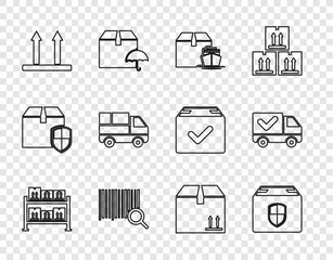 Set line Warehouse, Delivery box security shield, Cargo ship with boxes, Search barcode, This side up, truck, Cardboard traffic and check mark icon. Vector