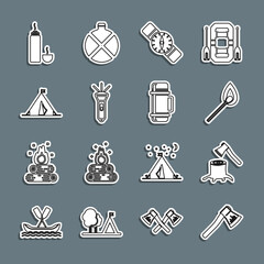 Set line Wooden axe, in stump, Burning match with fire, Compass, Flashlight, Tourist tent flag, Thermos container and icon. Vector