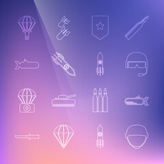 Set line Military helmet, Submarine, Chevron, Nuclear rocket, Parachute and Biohazard icon. Vector