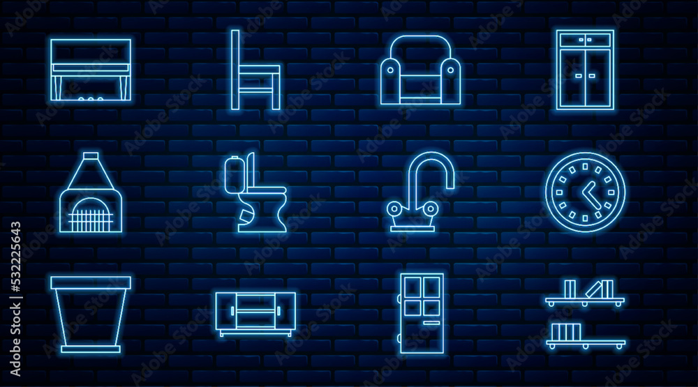 Sticker Set line Shelf with books, Clock, Armchair, Toilet bowl, Interior fireplace, Grand piano, Water tap and Chair icon. Vector