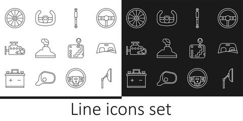 Set line Windscreen wiper, Car windscreen, Shock absorber, Gear shifter, engine, wheel, and Sport steering icon. Vector