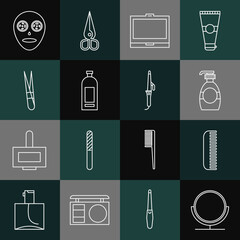 Set line Round makeup mirror, Hairbrush, Bottle of liquid soap, Makeup powder with, shampoo, Eyebrow tweezers, Facial cosmetic mask and Curling iron icon. Vector
