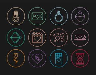 Set line Heart in the center hourglass, Coffee cup and heart, Diamond engagement ring, Calendar with, Bow arrow, shape light bulb, and Envelope Valentine icon. Vector