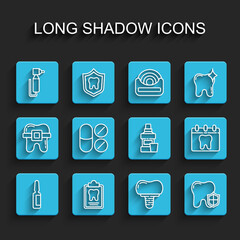 Set line Painkiller tablet, Dental card, Tooth drill, implant, protection, Calendar with tooth and Mouthwash bottle icon. Vector
