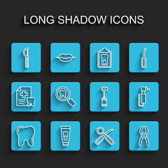 Set line Tooth, Tube of toothpaste, Dental floss, inspection mirror, pliers, search, drill and Toothbrush icon. Vector