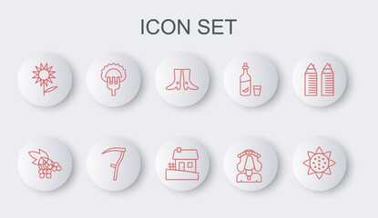 Set line Sunflower, Branch viburnum, Ukrainian footwear, woman, Dumplings on fork, Scythe and house icon. Vector