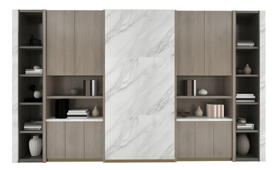 Modern elegant wooden and white marble bookcase transparent. Png