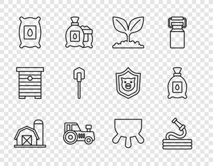 Set line Farm house, Garden hose, Plant, Tractor, Pack full of seeds of plant, Shovel, Udder and icon. Vector