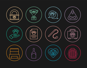 Set line Pet carry case, first aid kit, Paw print, Clinical record pet, Hands with animals footprint, Canned food, cat toy and award icon. Vector