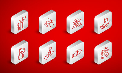 Set line Medal, Target, Folded paper boat, Hand with pointing finger, Man holding flag, Mountains and icon. Vector