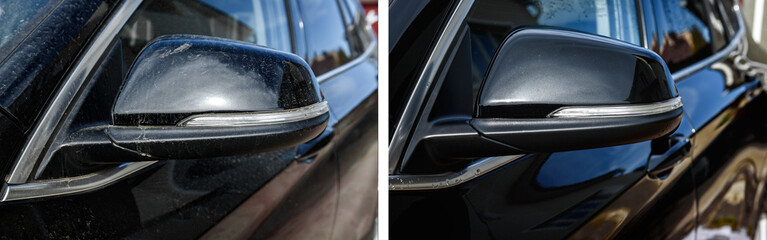 Modern black automobile before and after car washing outdoor.