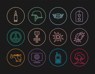 Set line Nuclear explosion, Bomb explosive planet earth, Star American military, Military reward medal, Peace, Bullet, and helmet icon. Vector