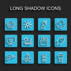 Set line Ray gun, Rocket ship, Astronaut helmet, Box flying parachute, Mars rover, Comet falling down fast and Astronomical observatory icon. Vector