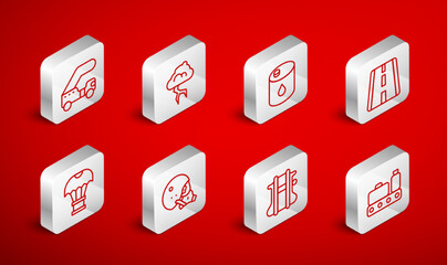 Set line Conveyor belt with suitcase, Storm, Barrel oil, Airport runway, Parachute, Passenger ladder, Modern pilot helmet and Box flying parachute icon. Vector