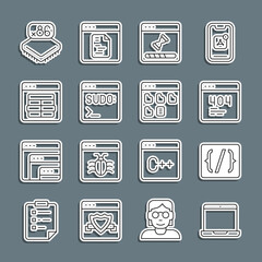 Set line Laptop, Programming language syntax, Page with 404 error, Loading data window, Code terminal, MySQL code, Processor microcircuits CPU and Browser files icon. Vector